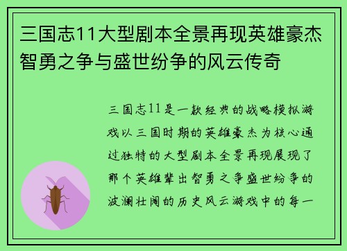 三国志11大型剧本全景再现英雄豪杰智勇之争与盛世纷争的风云传奇
