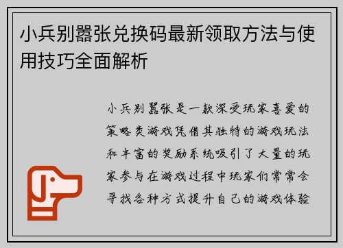 小兵别嚣张兑换码最新领取方法与使用技巧全面解析